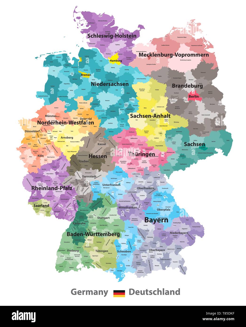 Deutschland hoch detaillierte Vektorkarte (farbige durch Staaten und Landkreisen Stock Vektor