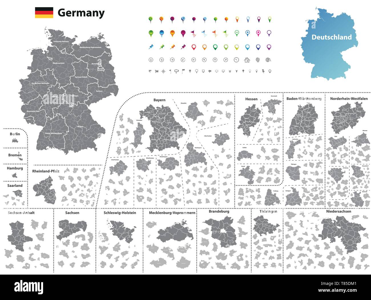 Deutschland hoch detaillierte Vektorkarte (farbige durch Staaten und Landkreisen Stock Vektor