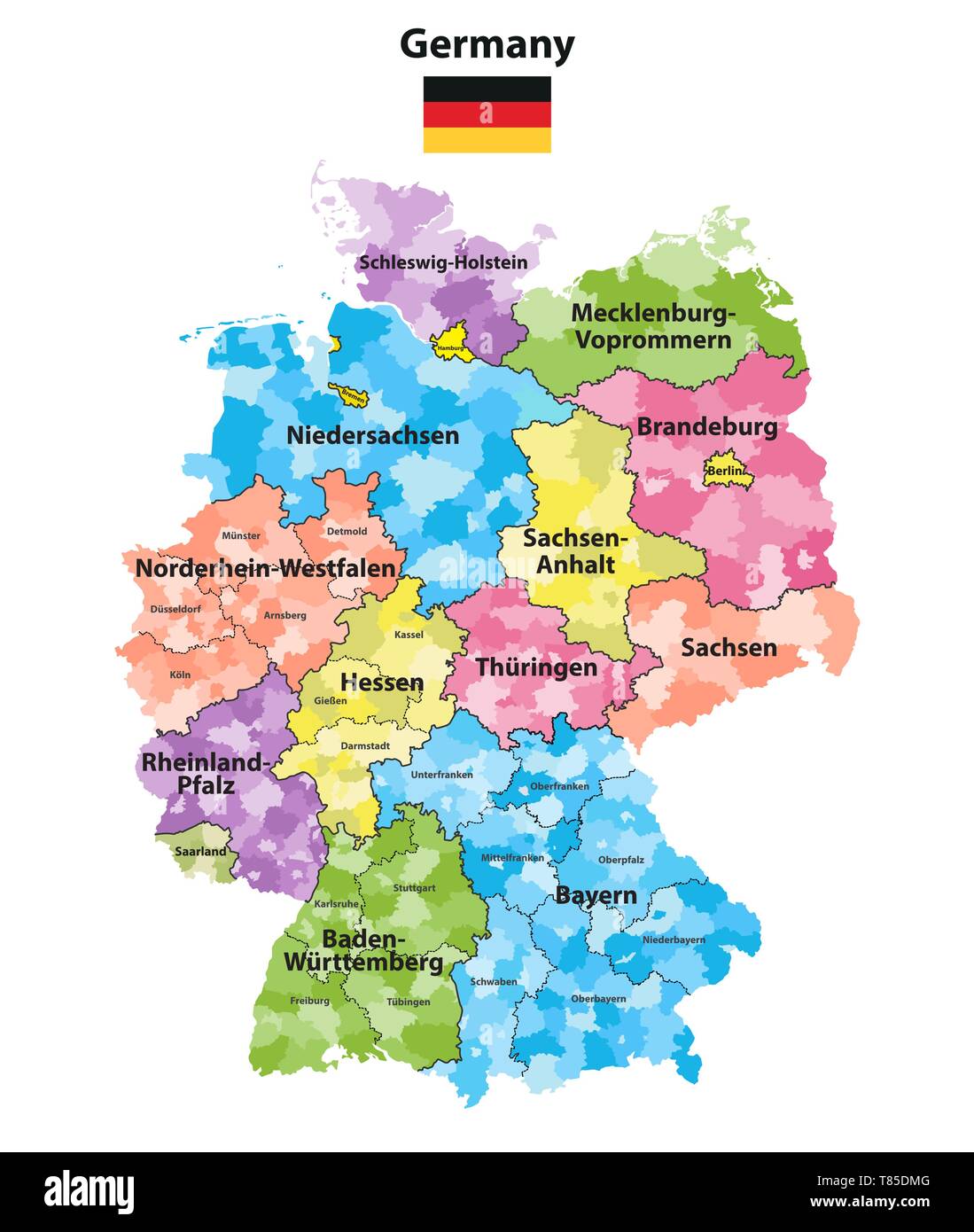 Deutschland hoch detaillierte Vektorkarte (farbige durch Staaten und Landkreisen Stock Vektor