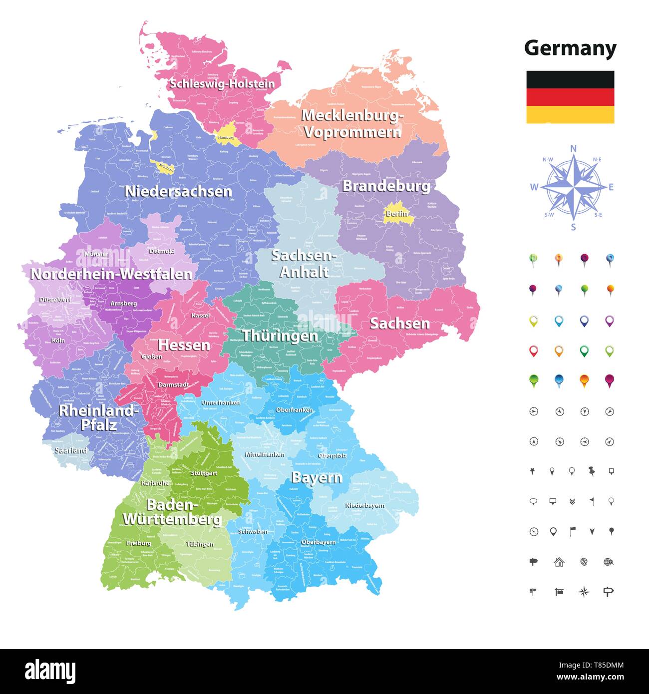 Deutschland hoch detaillierte Vektorkarte (farbige durch Staaten und Landkreisen Stock Vektor