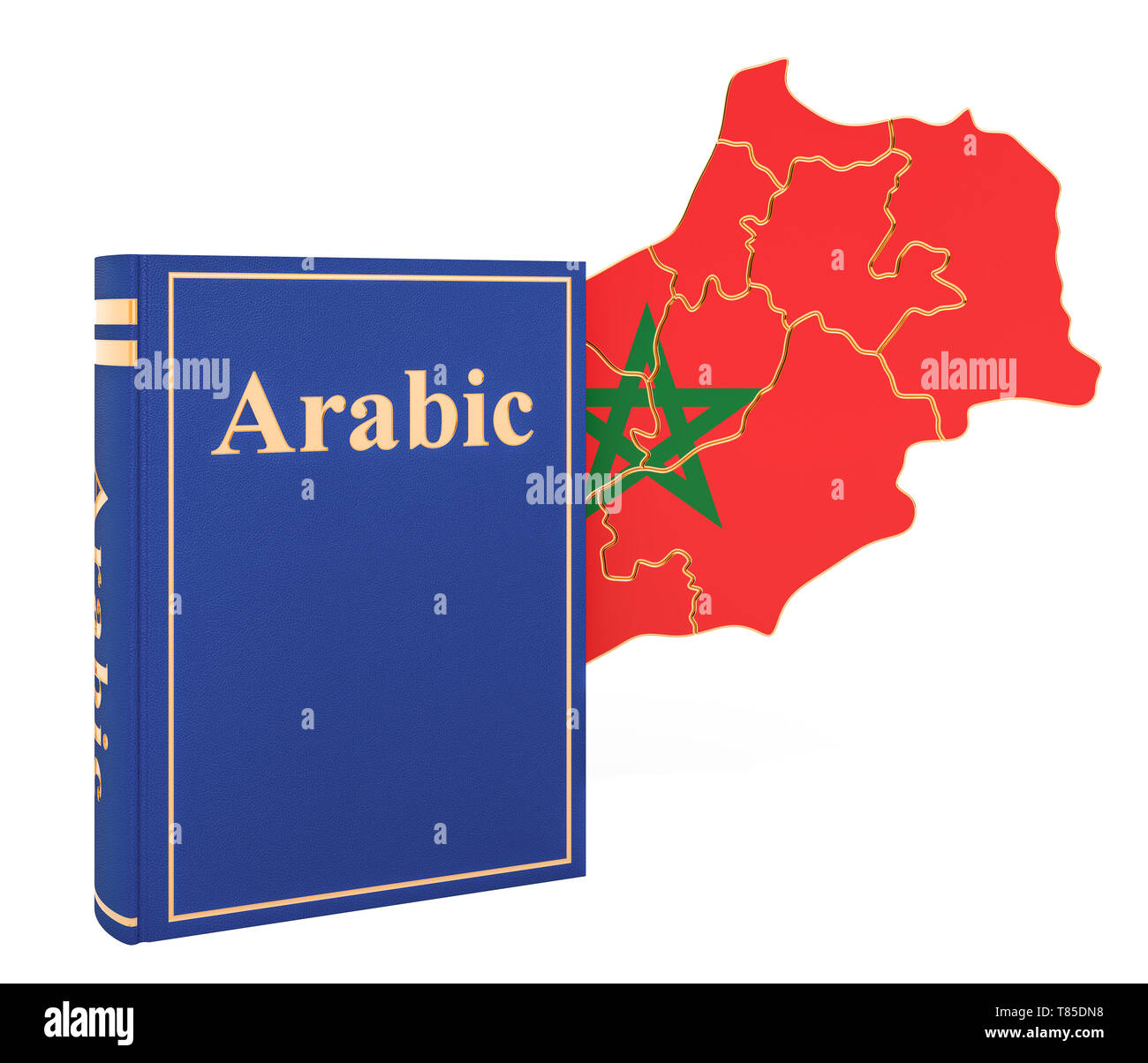 Arabische Sprache Buch mit Karte von Marokko, 3D-Rendering auf weißem Hintergrund Stockfoto