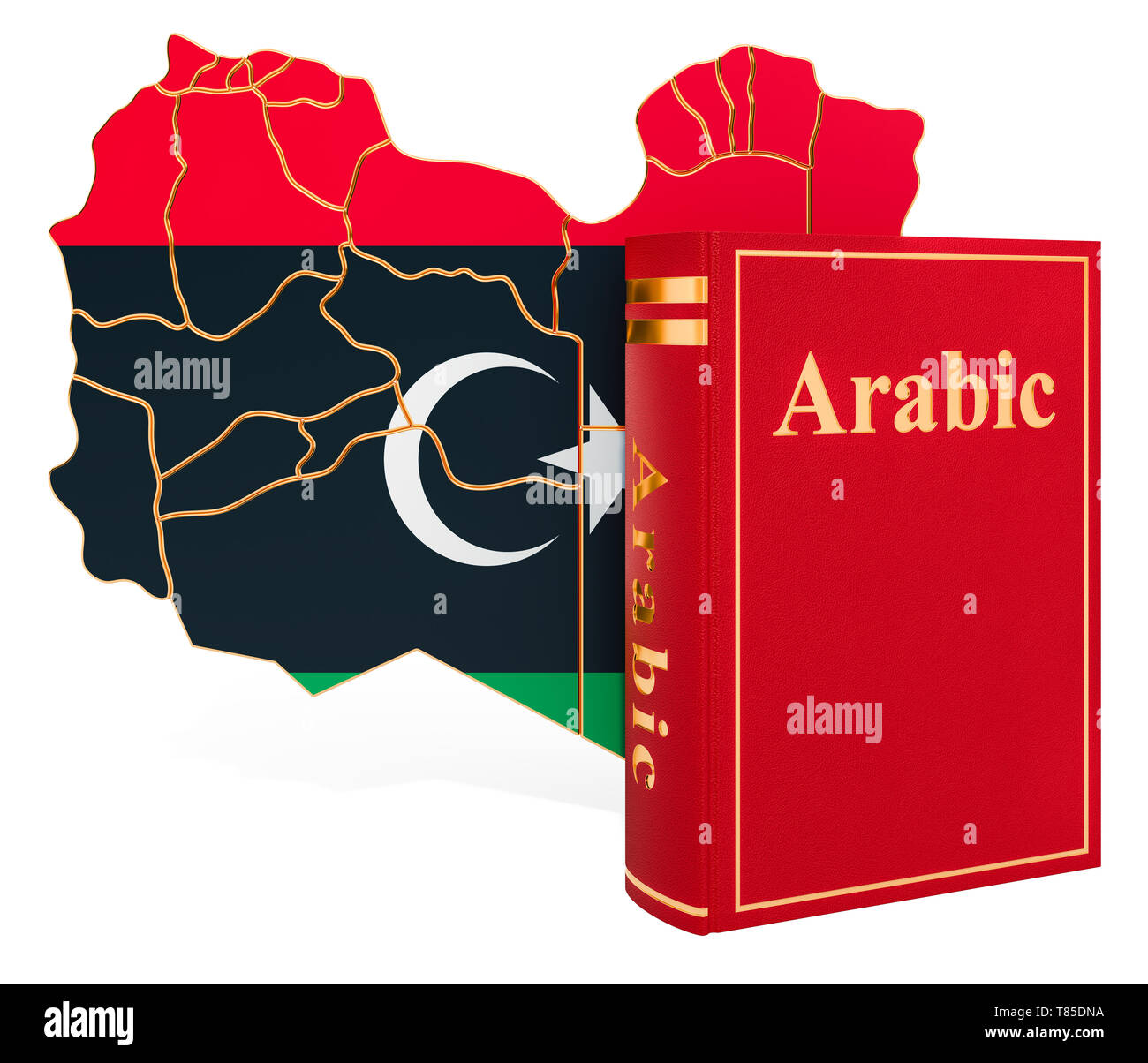 Arabische Sprache Buch mit Karte von Libyen, 3D-Rendering auf weißem Hintergrund Stockfoto