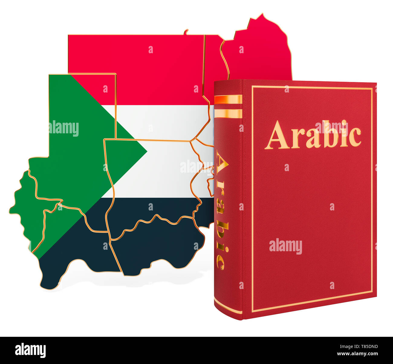 Arabische Sprache Buch mit Karte von Sudan, 3D-Rendering auf weißem Hintergrund Stockfoto