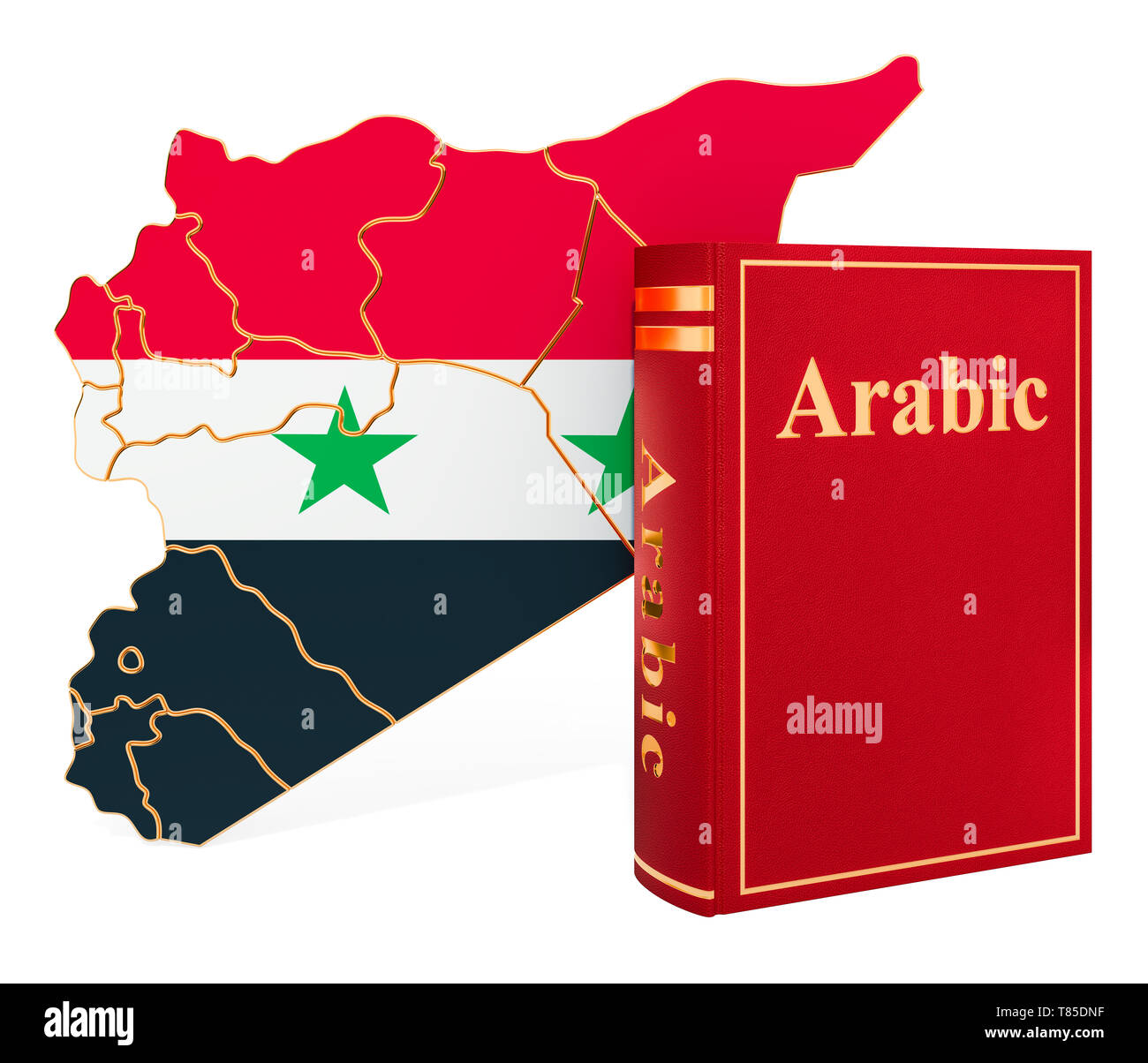 Arabische Sprache Buch mit Karte von Syrien, 3D-Rendering auf weißem Hintergrund Stockfoto