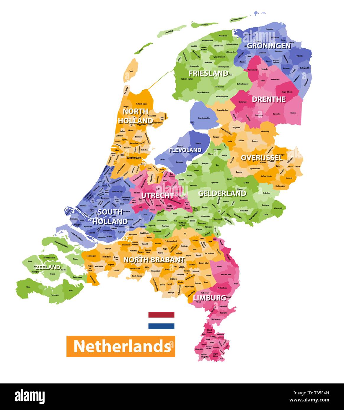 Niederlande hoch detaillierte lokale Gemeinden Karte gefärbt durch die Provinzen Stock Vektor
