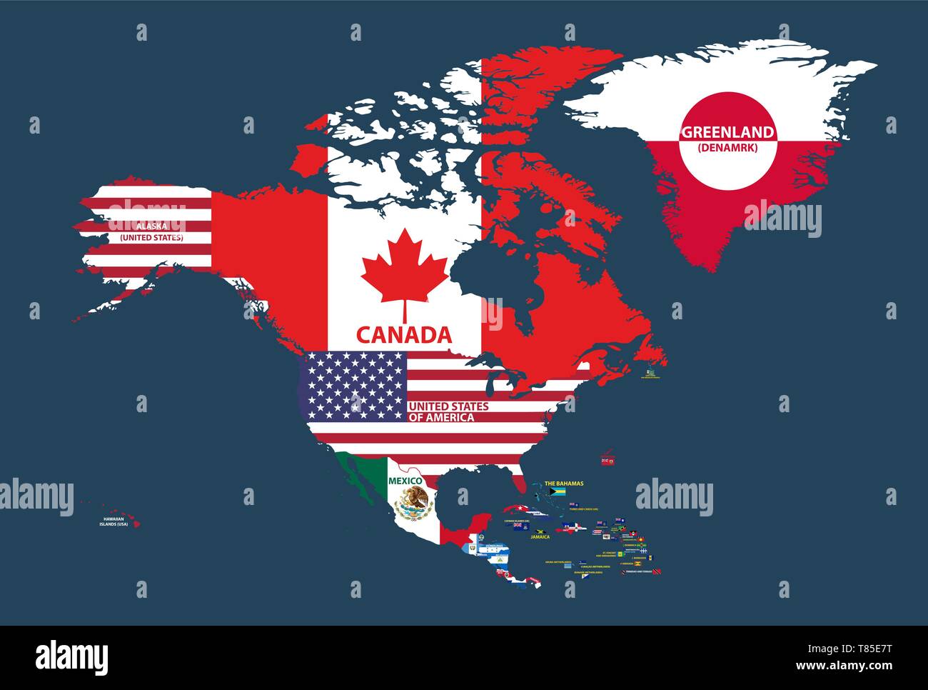 Vector Illustration von Nordamerika Karte (Nordamerika, Mittelamerika und Karibik Regionen gehören) mit Namen und Flaggen der Länder Stock Vektor