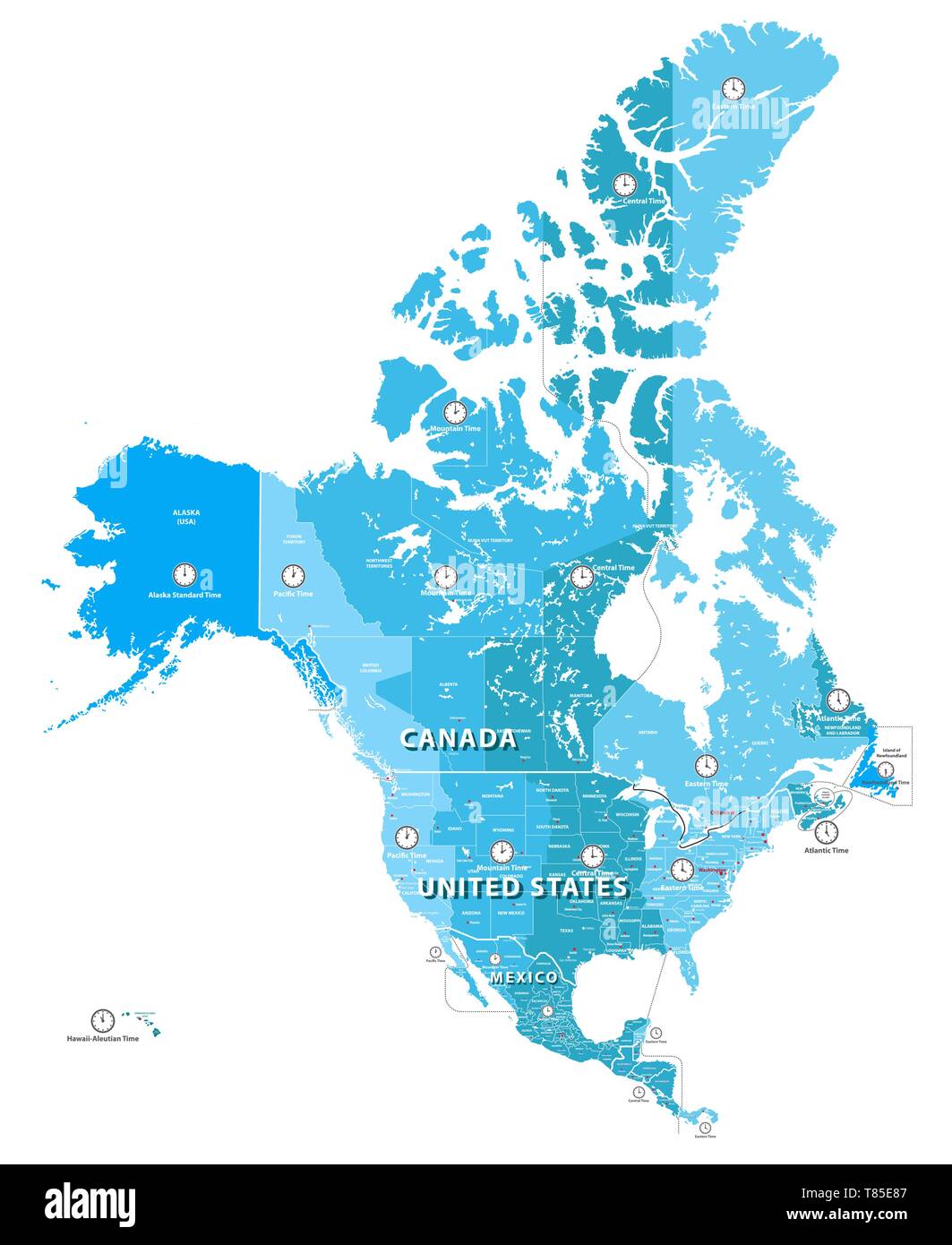 High Ausführliche Nordamerika Zeitzonen Karte. Alle Elemente in der abnehmbaren und beschriftet Schichten getrennt Stock Vektor
