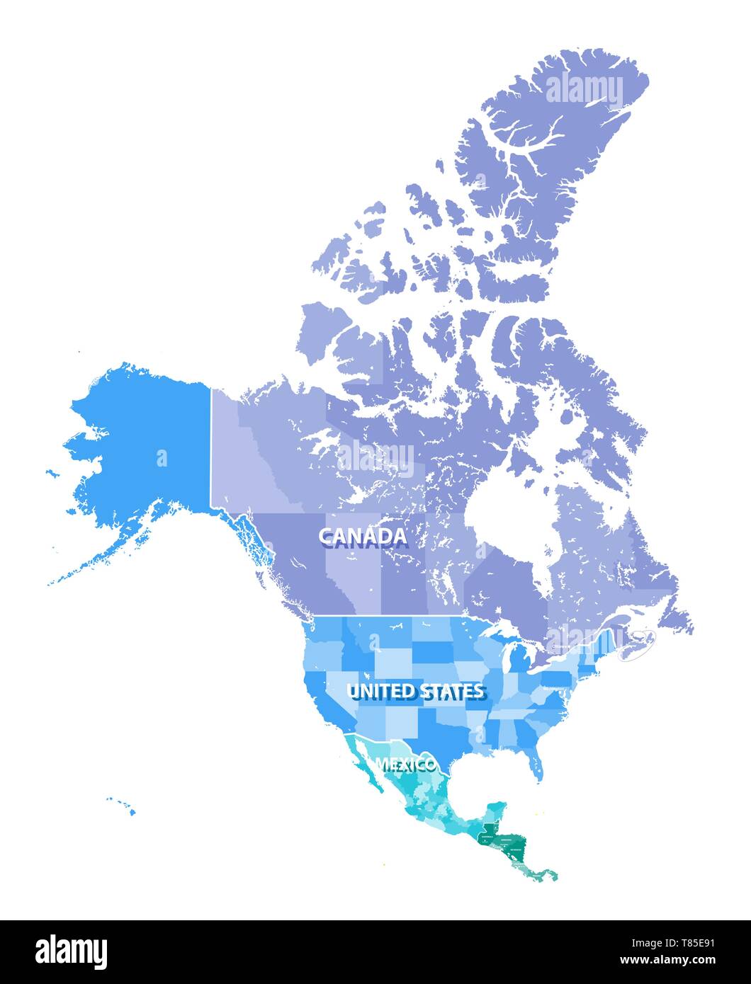 Nordamerika hohe detaillierte Vektorkarte mit Staaten, die Grenzen von Kanada, USA und Mexiko Stock Vektor