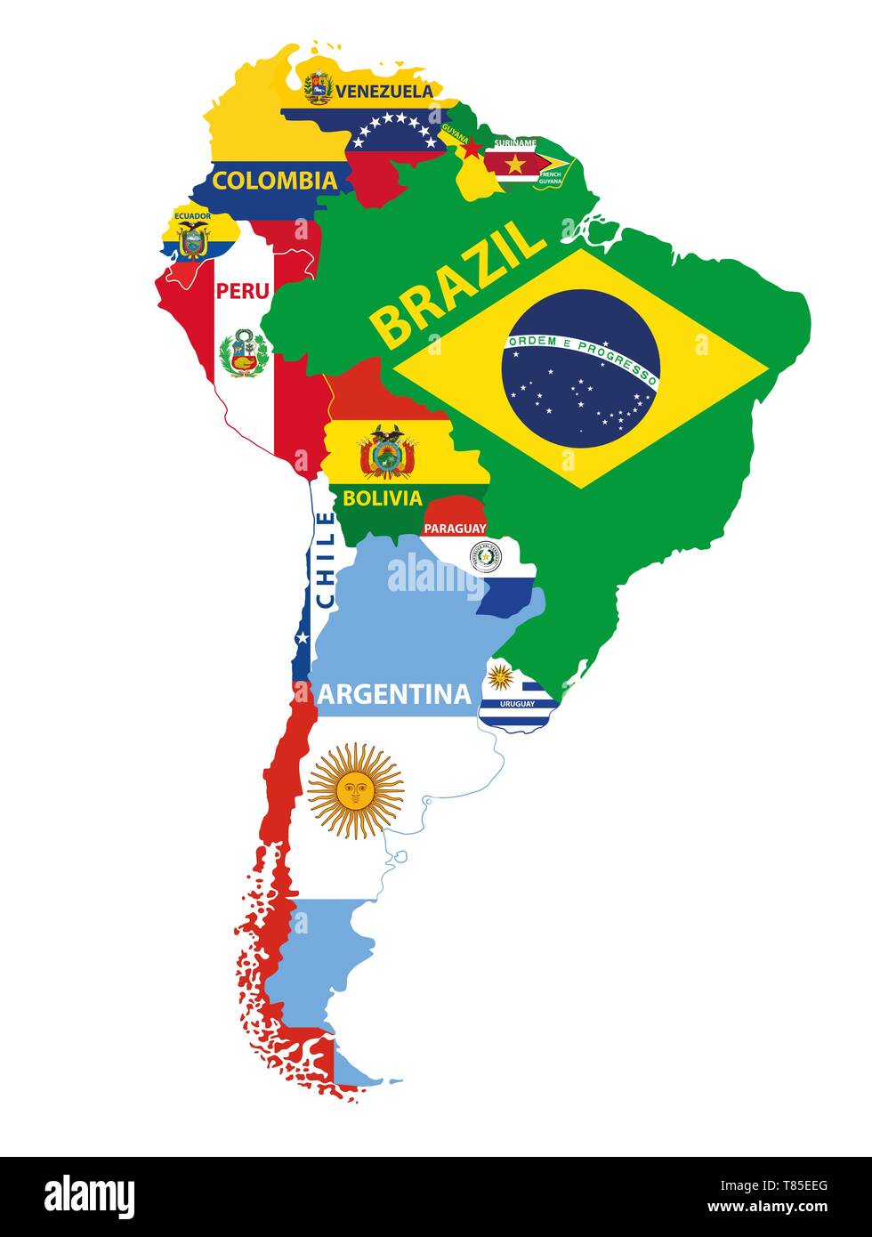 Südamerika Karte mit Ländern flags gemischt. Vector Illustration Stock Vektor