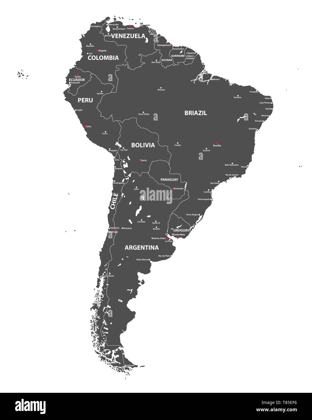 Vektor hoch detaillierte Karte von Südamerika Stock Vektor