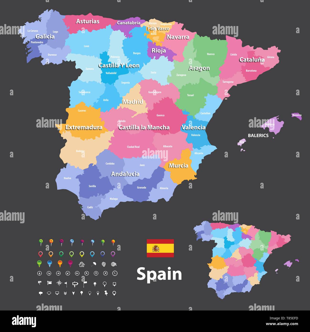 Spanien hoch detaillierte Vektorkarte (farbige durch autonome Gemeinschaften) mit administrativen Abteilungen Stock Vektor