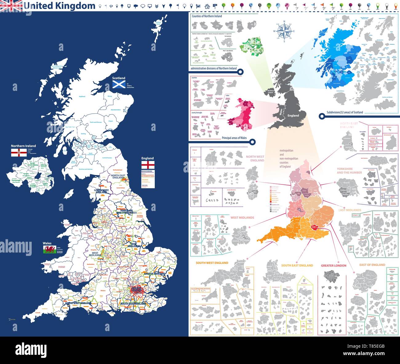 Verwaltungseinheiten Karte von Großbritannien mit administrativen Abteilungen Stock Vektor