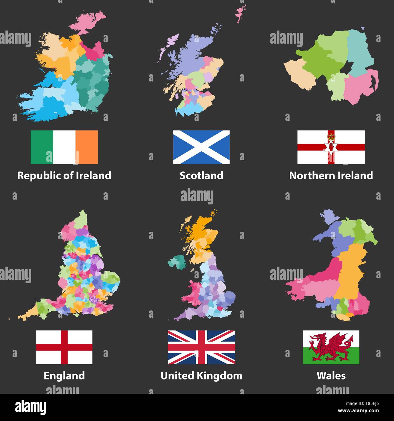 Vektor Karten und Flaggen der Republik Irland, Schottland, Nordirland, England, Großbritannien und Wales Stock Vektor