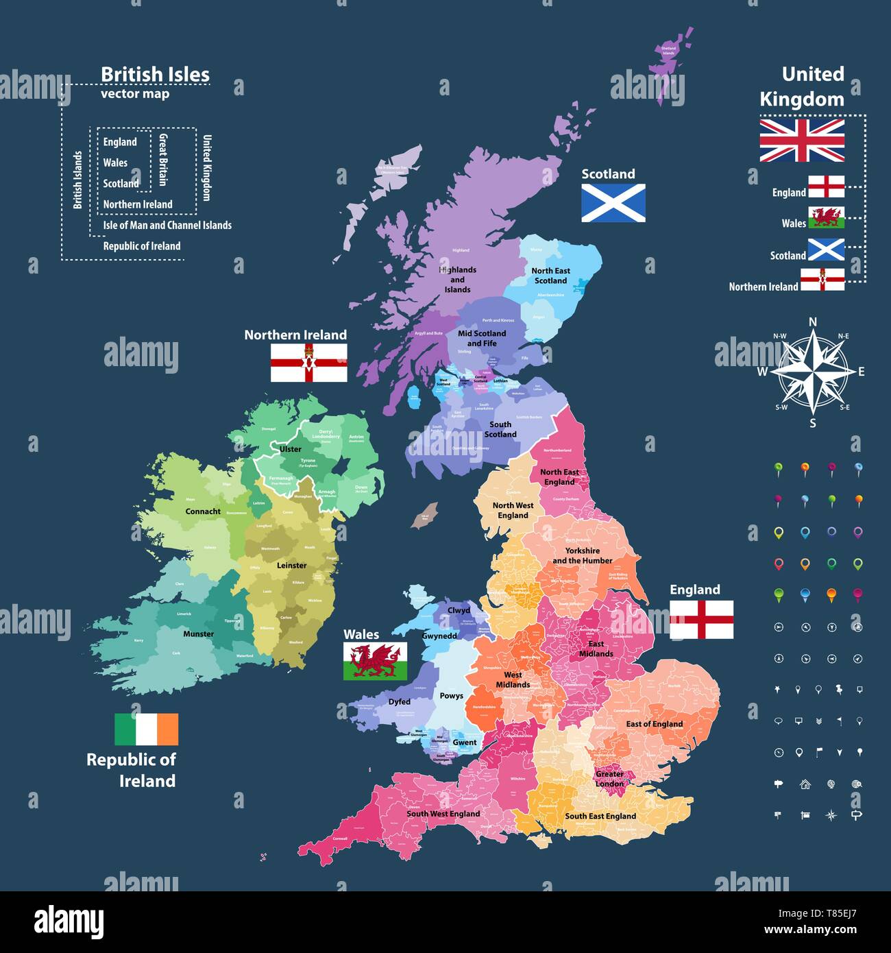 Vektor Karte der Britischen Inseln administrativen Abteilungen farbige nach Ländern und Regionen Stock Vektor
