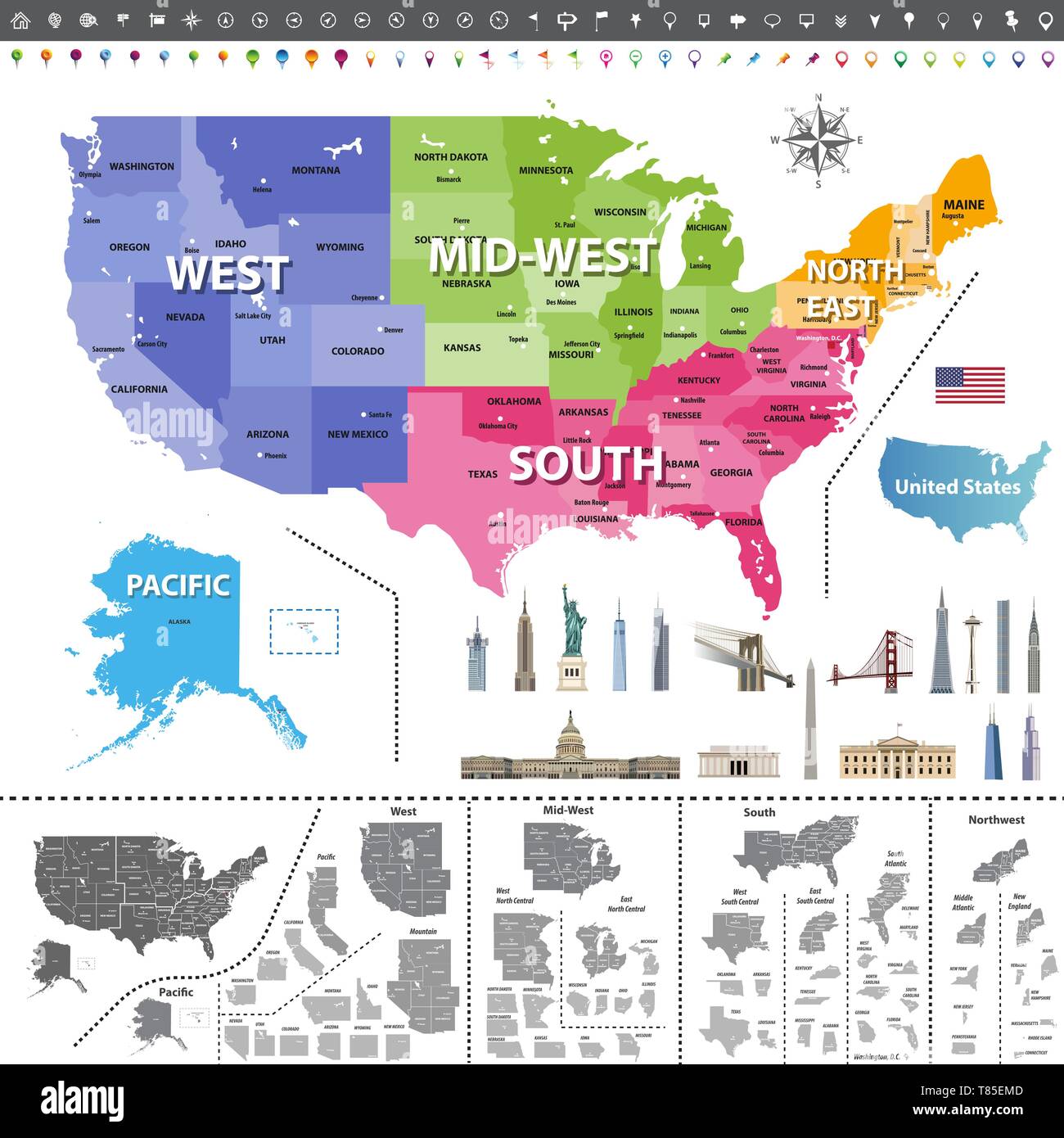 Vereinigte Staaten von Amerika Karte farbige nach Regionen Stock Vektor