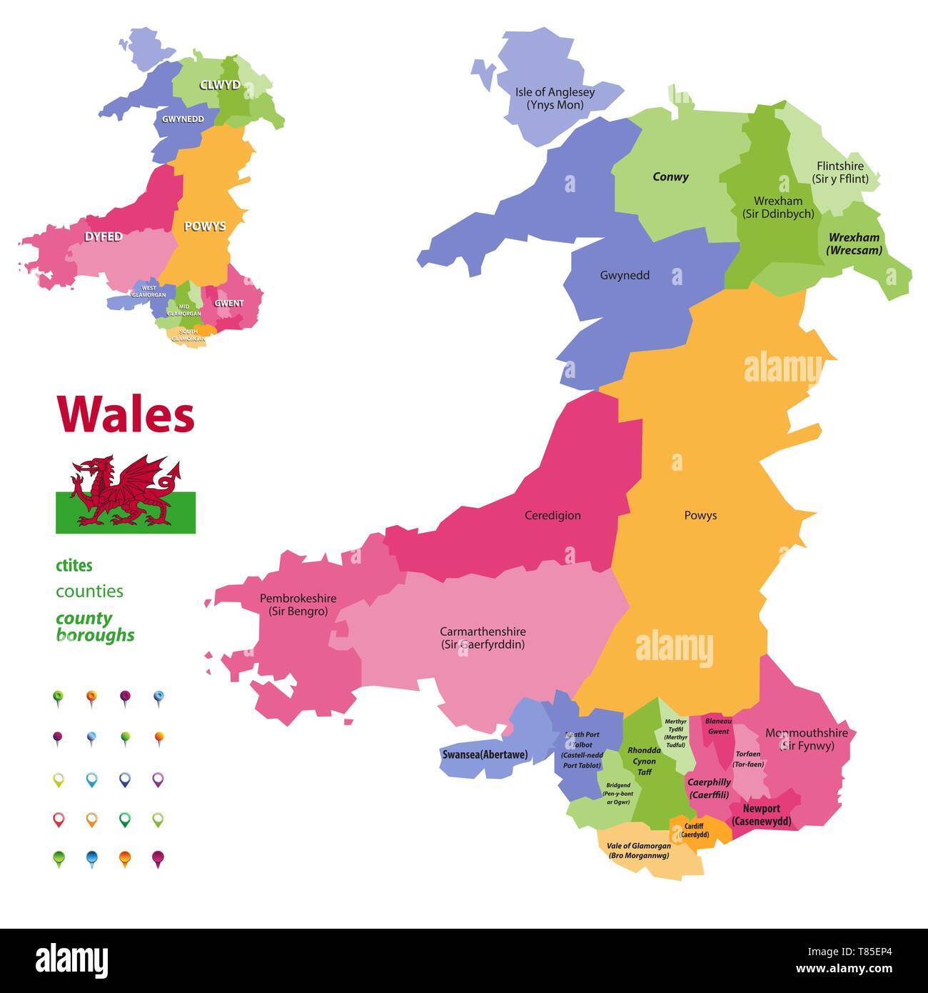 Erhaltene Grafschaften Wales Vektor administrative Karte mit Gemeinden (Städte, Kreise und Stadtbezirke) Stock Vektor