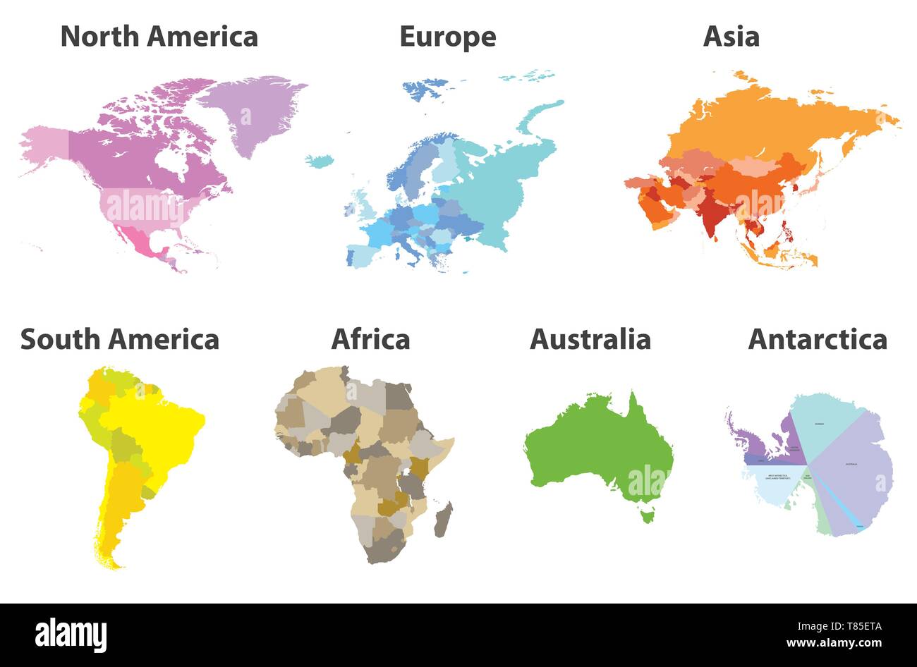 Vektor einrichten von allen Kontinenten politische Karten auf weißem Hintergrund Stock Vektor