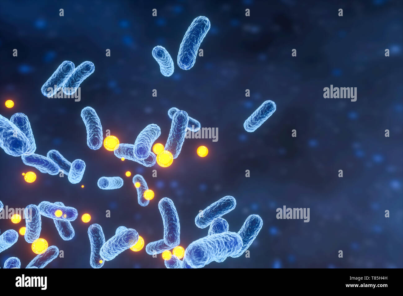3D-Rendering, infektiöse Virus mit Oberflächenstrukturen auf blauem Hintergrund. Computer digitale Bild. Stockfoto