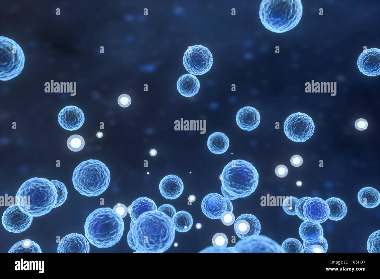 3D-Rendering, infektiöse Virus mit Oberflächenstrukturen auf blauem Hintergrund. Computer digitale Bild. Stockfoto