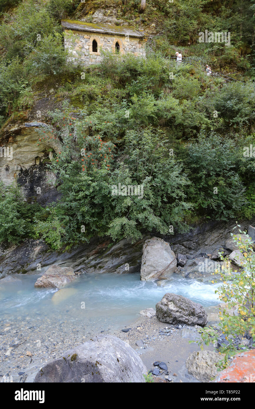 La Sainte-Chapelle et le Torrent du Bonnant. Les Contamines-Montjoie. Stockfoto