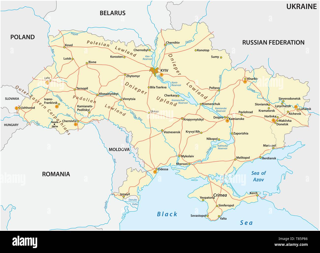 Detaillierte farbige Vektor road map der Ukraine Stock Vektor