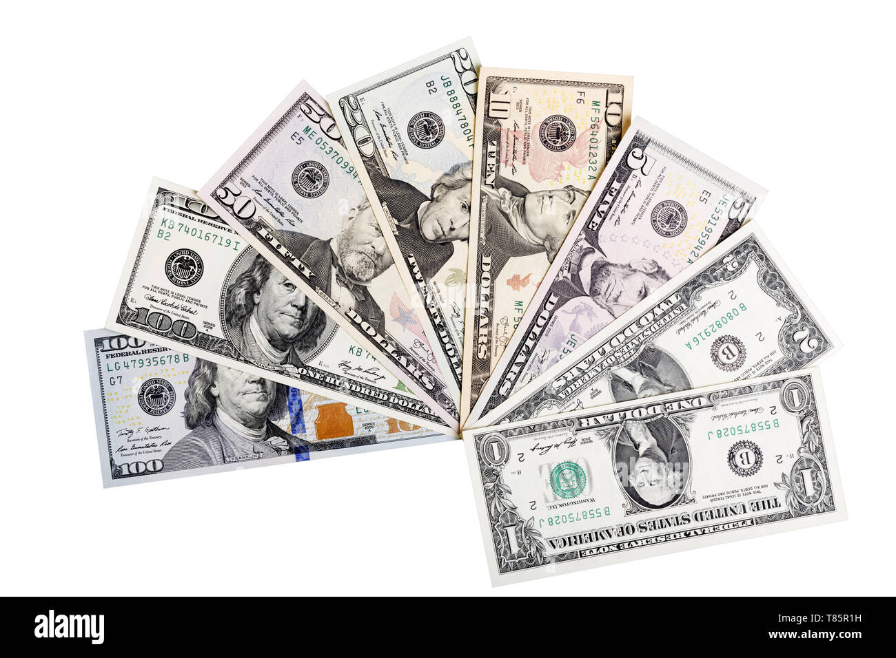 Banknoten der Vereinigten Staaten von Amerika, Dollar. Es sind alles inbegriffen - 100, 50, 20, 10, 2 und 1 Dollar Scheine. Stockfoto