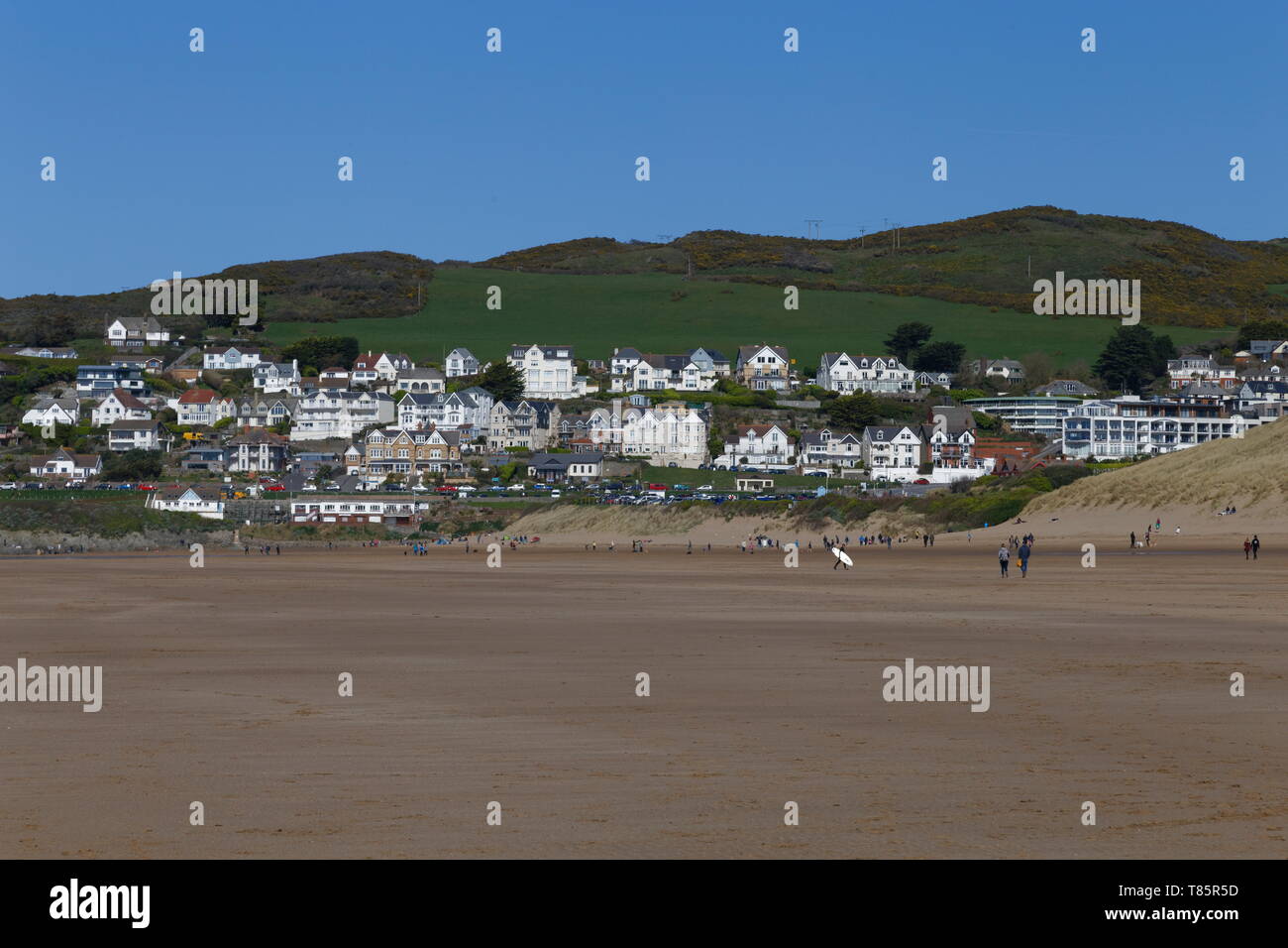 Anzeigen von Woolacombe Stadt vom Strand Devon Stockfoto