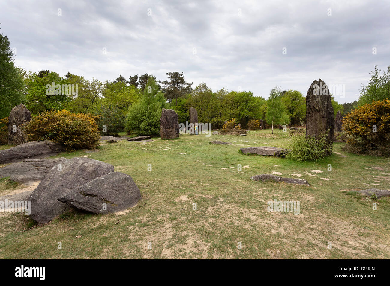 Frau in gelber Jacke figurbetonte eine riesige Menhir an Menhire von Monteneuf, megalithischen Bereich der geraden Steine, Morbihan, Frankreich. Legende von Frankreich Stockfoto