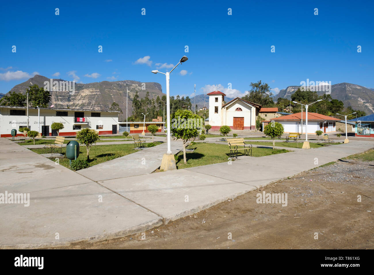 Plaza de Armas im Ort von San Pablo, Start der Gocta Wasserfall Wanderung in der Provinz Chachapoyas, Amazonas Region, Peru Stockfoto