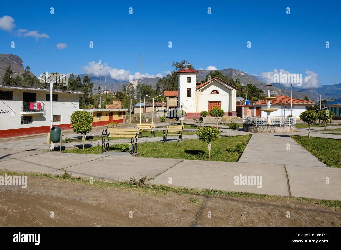 Plaza de Armas im Ort von San Pablo, Start der Gocta Wasserfall Wanderung in der Provinz Chachapoyas, Amazonas Region, Peru Stockfoto