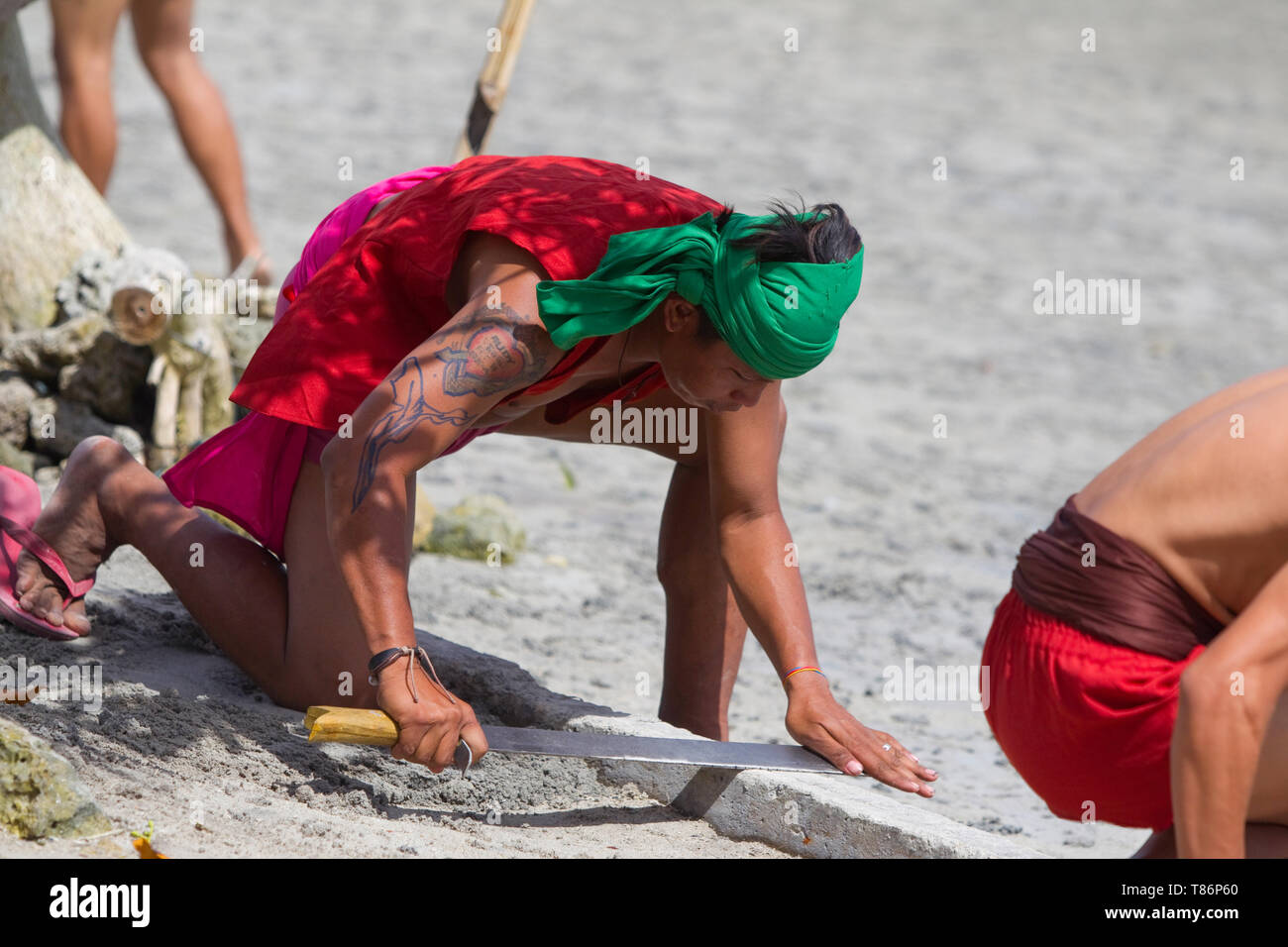 Darsteller nehmen an den jährlichen reinactnment Festival der Schlacht von Mactan, Lapu Lapu, Cebu, Philippinen. Die Veranstaltung zeigt die Ankunft der Spanischen Stockfoto