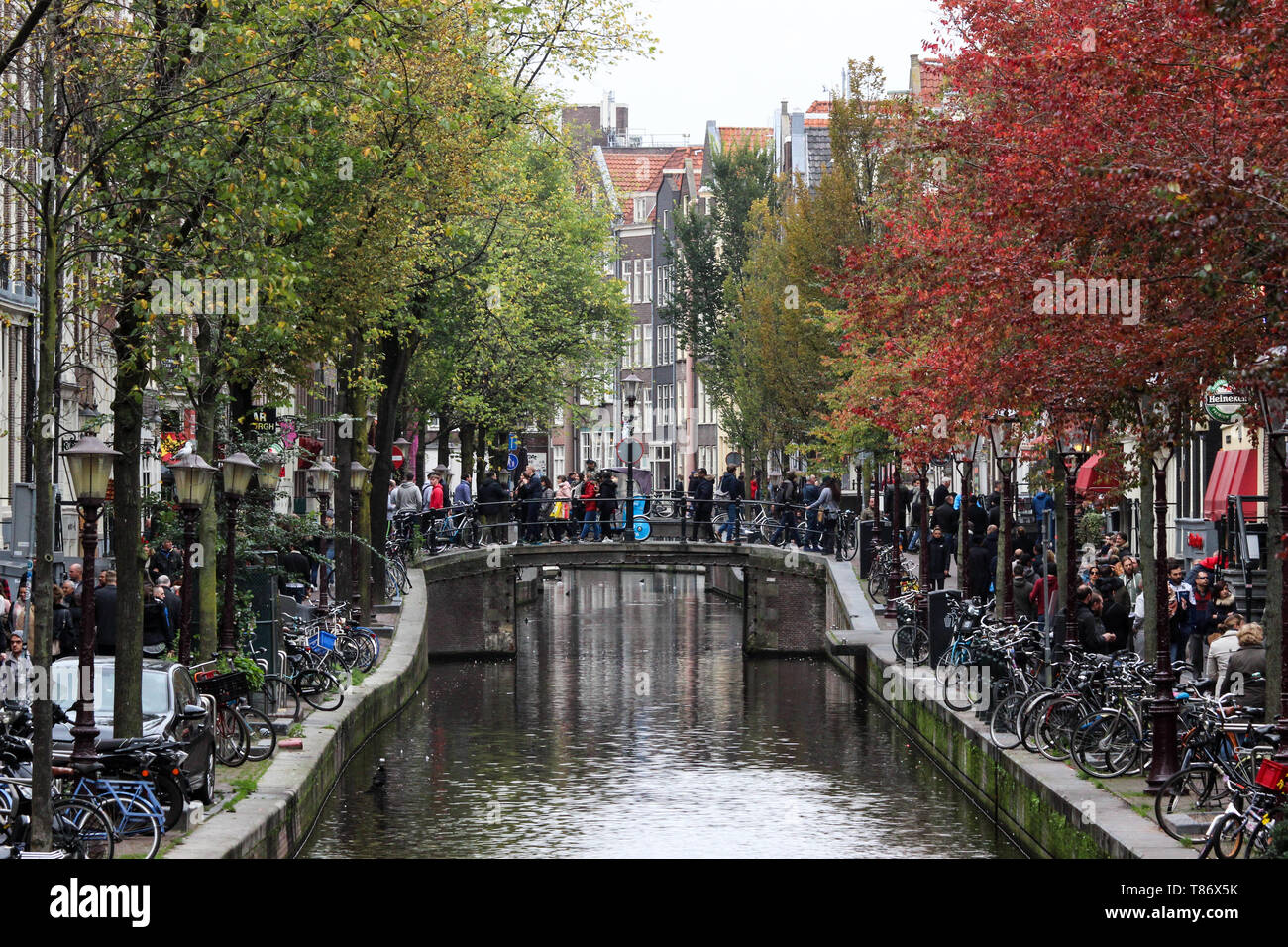 Oudezijds Achterburgwal Kanal im Oktober Stockfoto