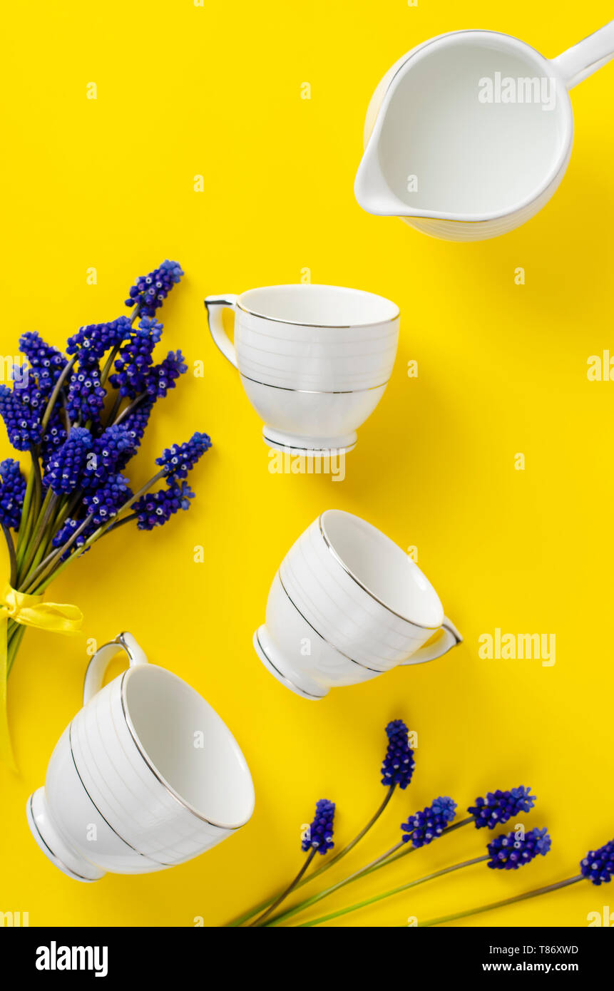 Weißes Porzellan Kaffee oder Tee, Glas mit Milch, muscari Blumen auf gelben Hintergrund. Von oben nach unten. Flach. Vertikale Komposition. Geschirr Konzept Stockfoto