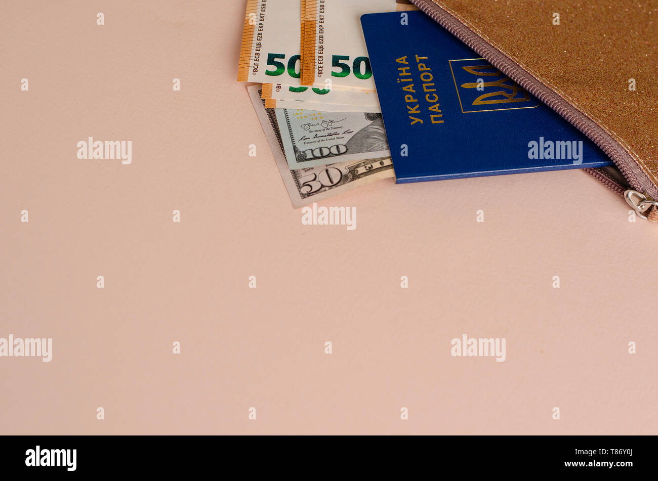 Ukrainischen internationalen Reisepass mit Dollar und Euro auf pastellfarbenen Hintergrund mit kopieren. Ansicht von oben. Travel Concept. Finanzen und Reisen Konzept Stockfoto