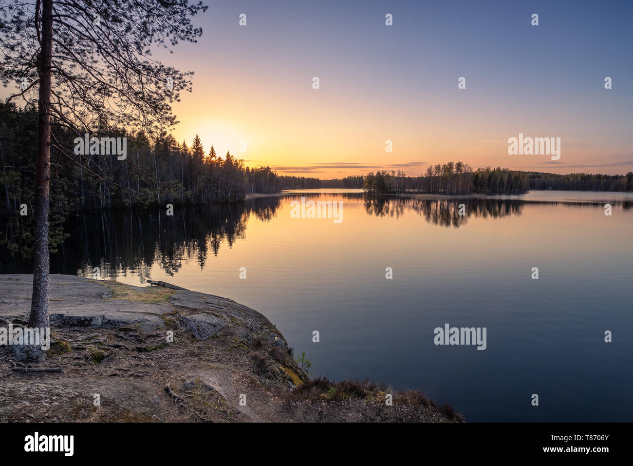 Die malerische Landschaft mit Sonnenuntergang, ruhige See und Baumwurzeln in Ruhe Frühlingsabend in Finnland Stockfoto