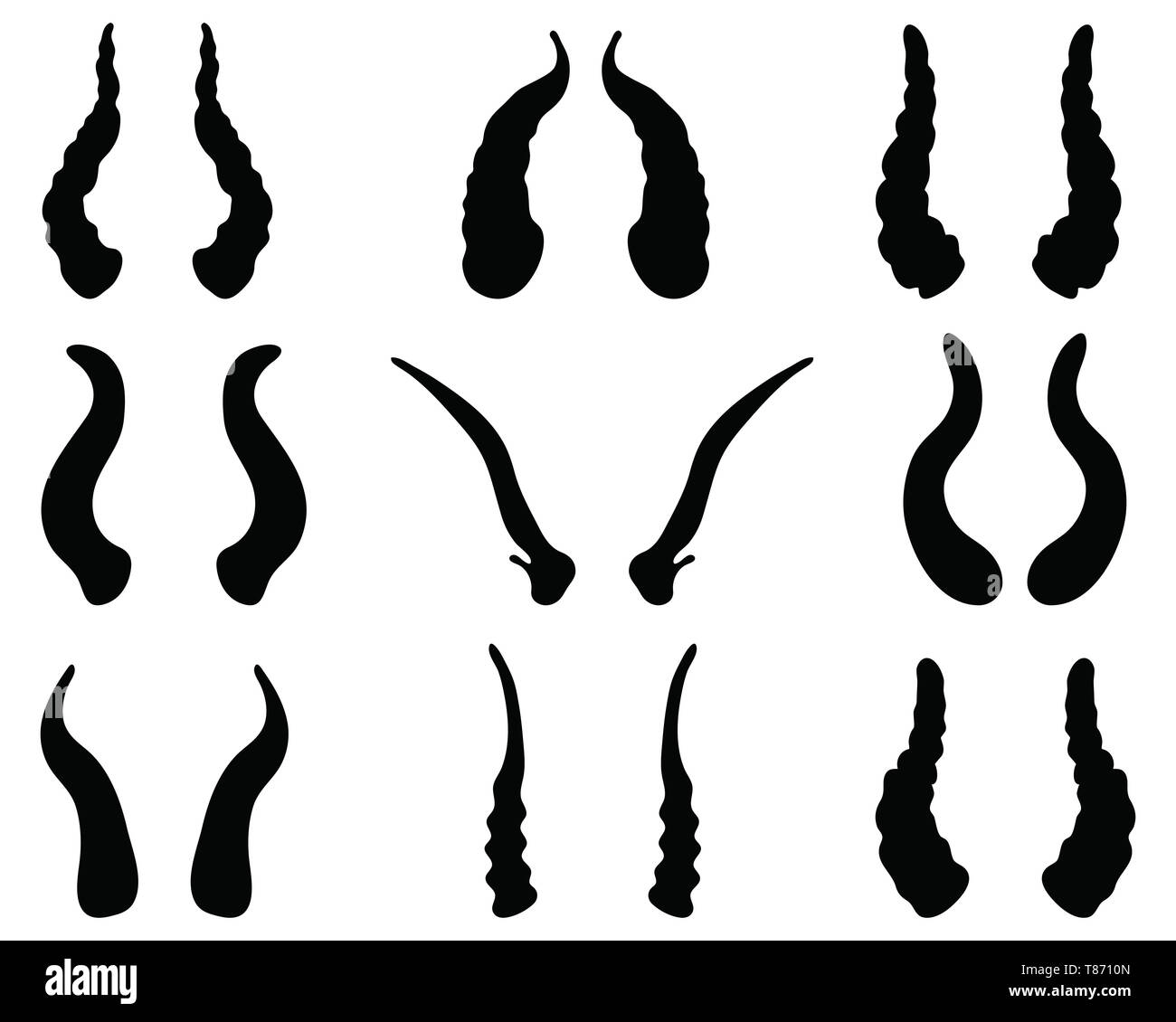 Schwarze Silhouetten Hörner von Dragon auf weißem Hintergrund Stockfoto