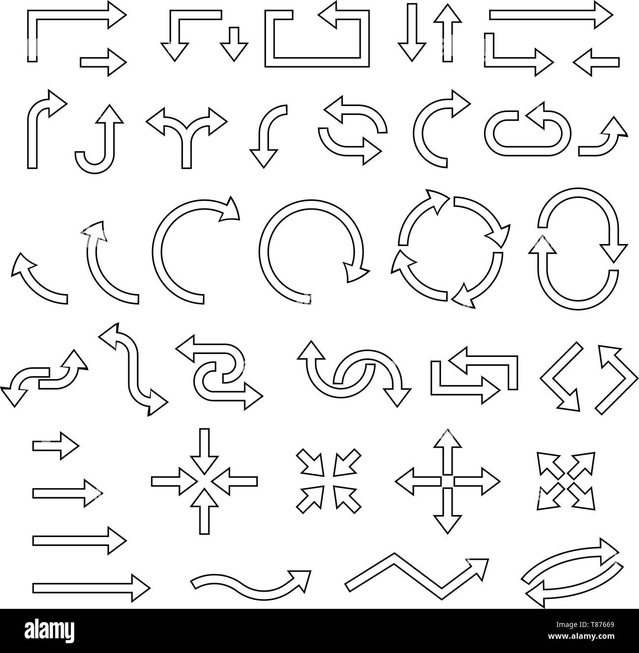 Umrisse Pfeile. Eingestellt von gekrümmten Verkehr Symbole Stock Vektor