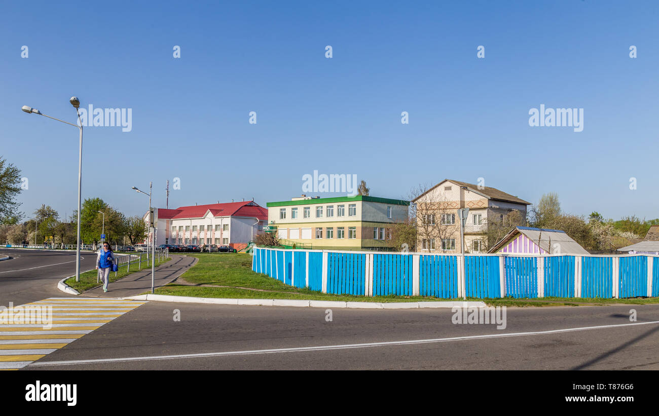 Chojniki, Belarus, April 26, 2019: Dorf in Weißrussland in der Nähe der 30-km-Sperrzone von Tschernobyl, für Touristen geöffnet von April 2019. Stockfoto