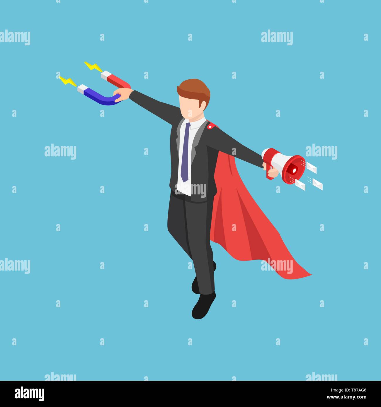 Wohnung 3 d Isometrische super Geschäftsmann Haltemagnet und Megaphon sein Geschäft zu fördern. Inbound und Outbound Marketing Konzept. Stock Vektor