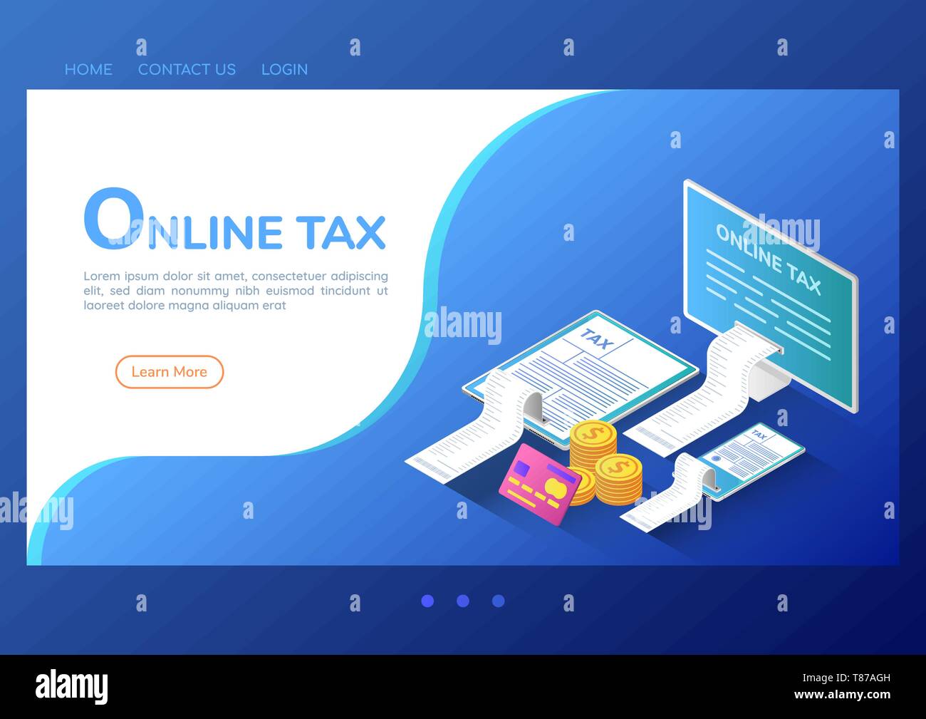 3d-isometrische Web Banner online Zahlung der Steuer auf Computer, Smartphone und digitale Tablet. Online Zahlung der Steuer Service Startseite Konzept. Stock Vektor