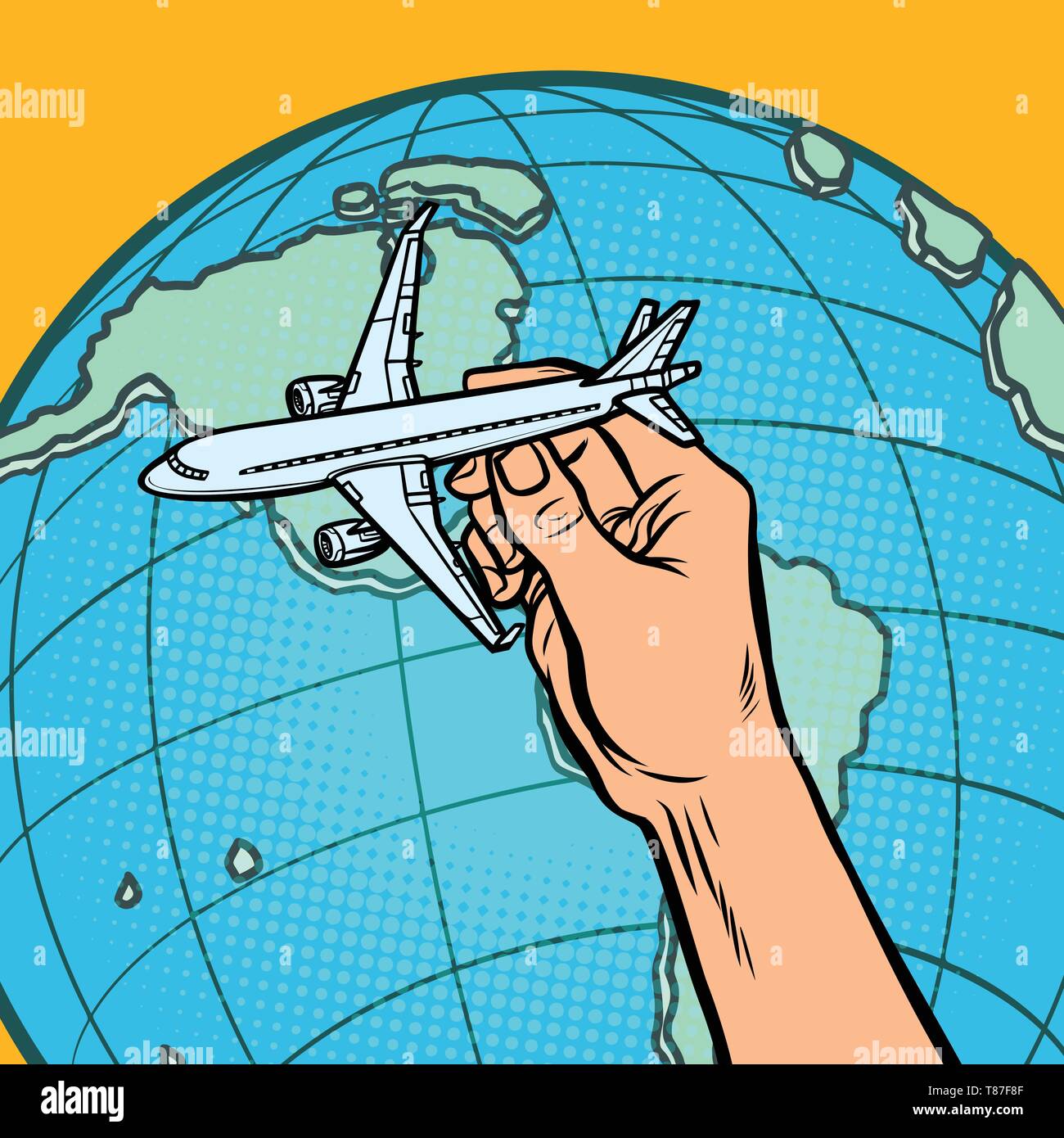 Ebene in der Hand. Metapher vom Fliegen nach Amerika. Comic cartoon Pop Art vector Retro Vintage Zeichnung Stock Vektor Ebene in der Hand. Metapher vom Fliegen nach Amerika. Comic cartoon Pop Art vector Retro Vintage Zeichnung Stock Vektor