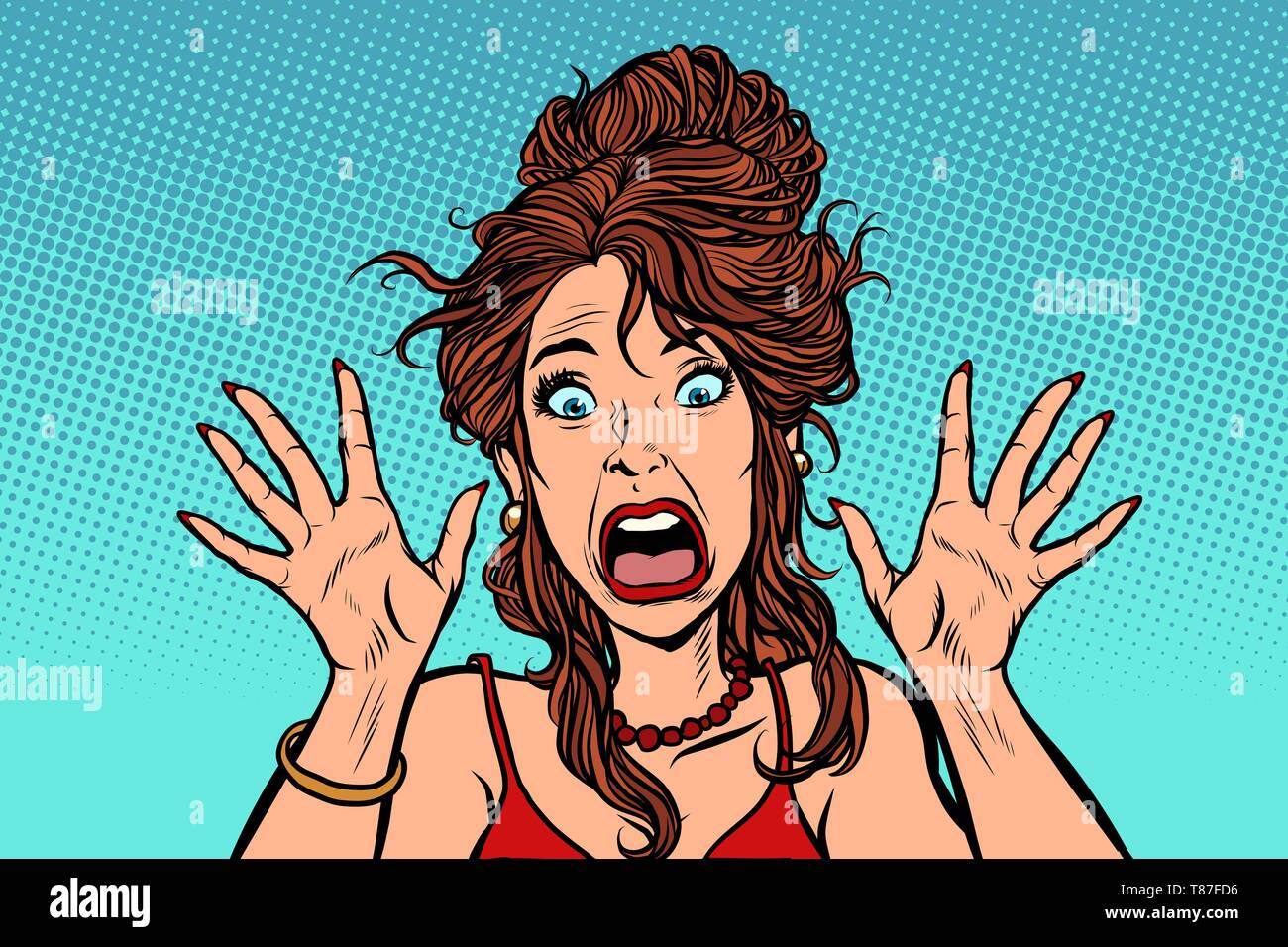 Lustig angst Frau. menschliches Gefühl. Comic cartoon Pop Art retro Zeichnung Abbildung Stock Vektor