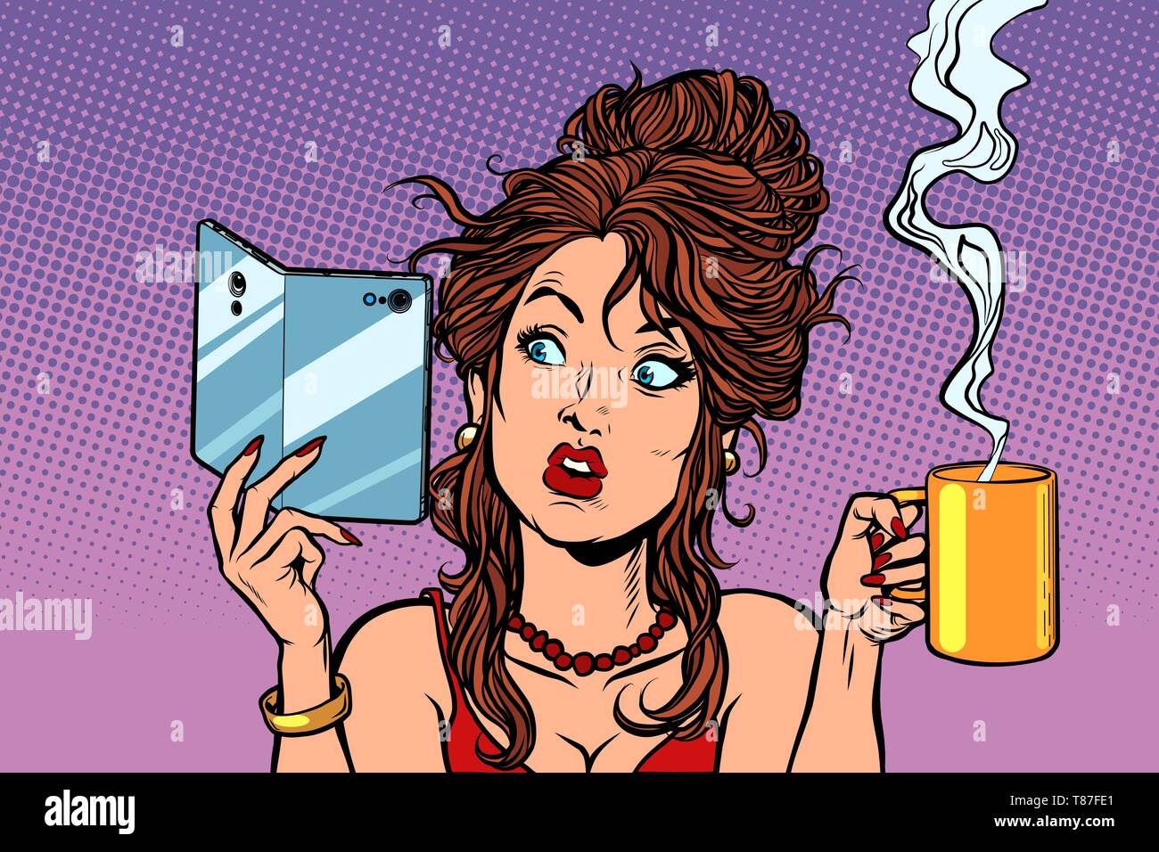Frau trinkt Kaffee oder Tee. Ein Smartphone mit einer klappbaren flexible Display. Comic cartoon Pop Art retro Zeichnung Abbildung Stock Vektor