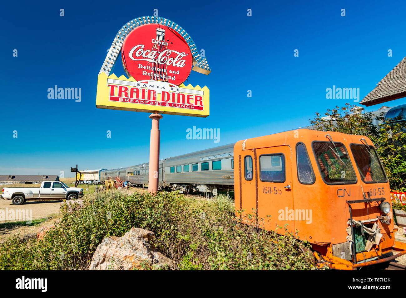 Usa, South Dakota, das 1880 Stadt hauptsächlich aus alten Gebäuden, die in der Gegend gefunden wurden, besteht, und in den letzten Jahrzehnten hat es mit vielen zusätzlichen authentische alte Gebäude, Artefakte und Erinnerungsstücke erweitert worden, der mit dem Wolf tanzt mit Kevin Costner war teilweise dort geschossen, Restaurant im Zug Stockfoto