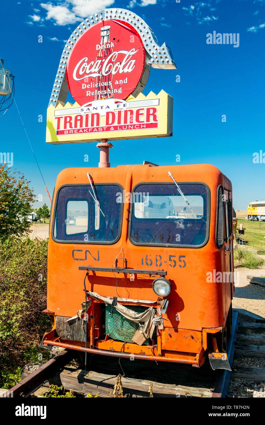 Usa, South Dakota, das 1880 Stadt hauptsächlich aus alten Gebäuden, die in der Gegend gefunden wurden, besteht, und in den letzten Jahrzehnten hat es mit vielen zusätzlichen authentische alte Gebäude, Artefakte und Erinnerungsstücke erweitert worden, der mit dem Wolf tanzt mit Kevin Costner war teilweise dort geschossen, Restaurant im Zug Stockfoto