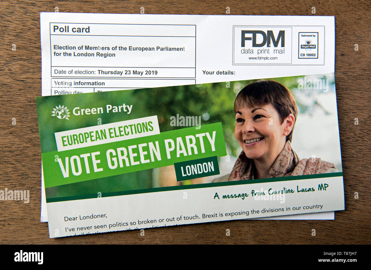 Grüne Partei EU-Wahl Broschüre und Umfrage Karte für das Europäische Parlament London Region. Islington Nord Stockfoto