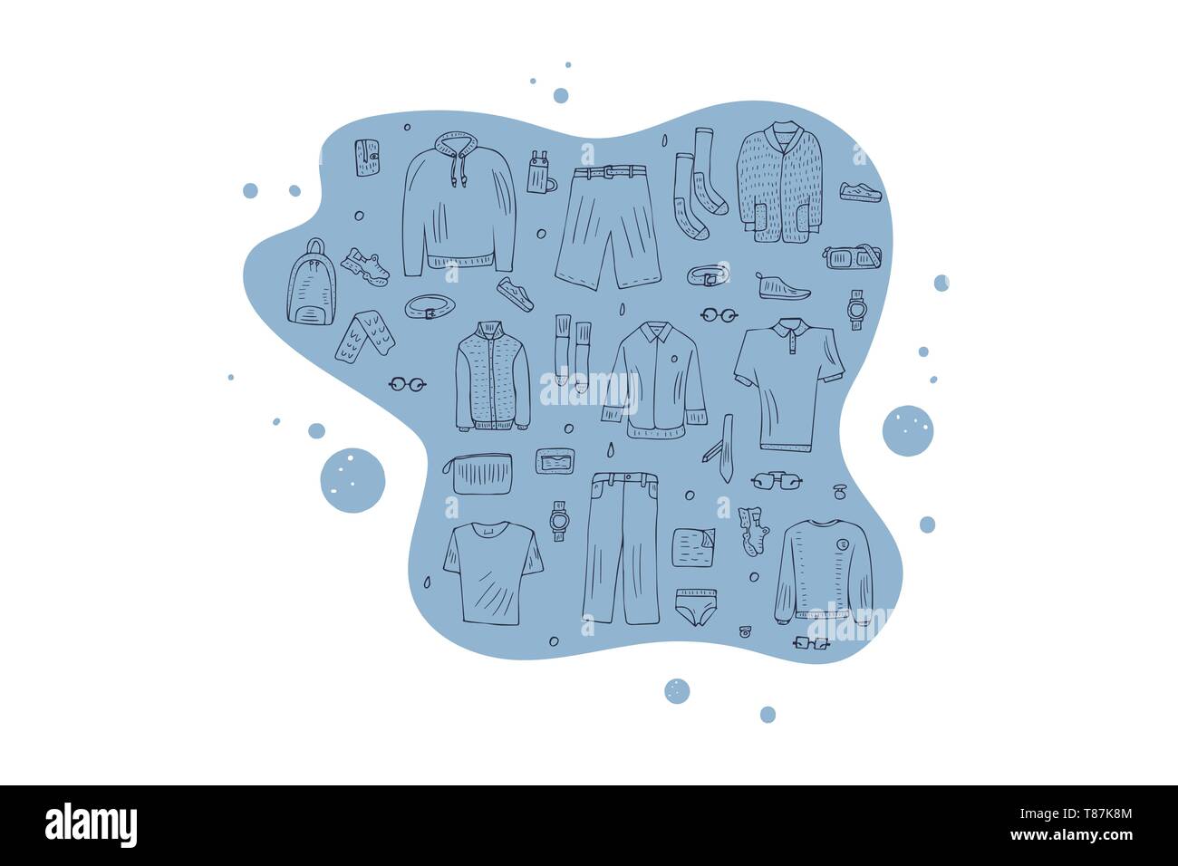 Männer Bekleidung und Accessoires in Doodle style Set. Sammlung der männlichen Kleidung, Schuhe isoliert auf weißem Hintergrund. Vektor Prinzipdarstellung. Stock Vektor