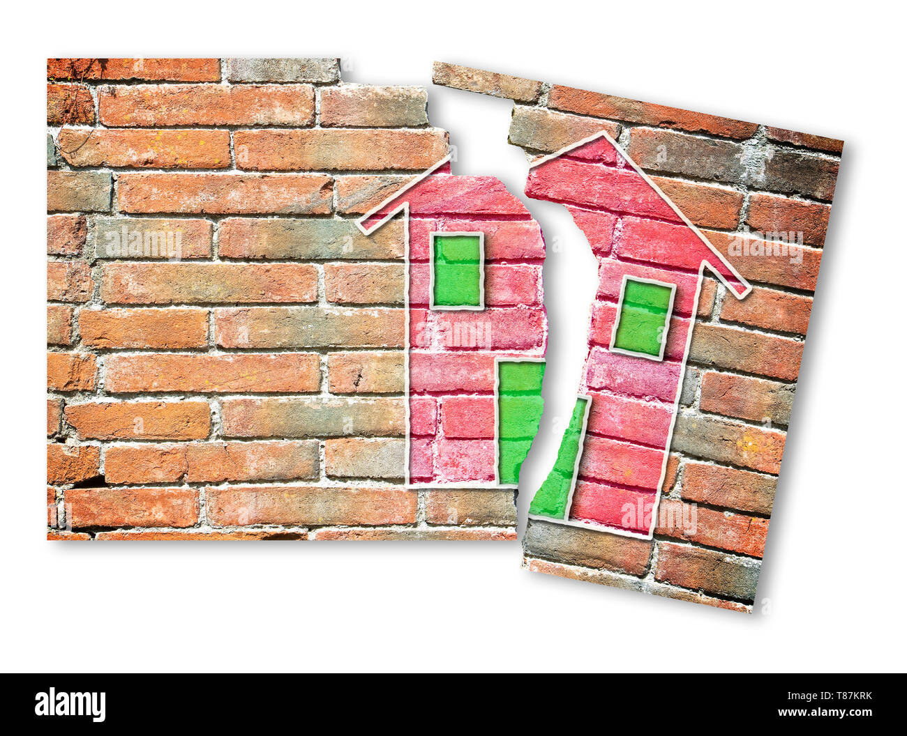 Risse im Mauerwerk mit einem farbigen Haus auf gezeichnet Es Stockfoto