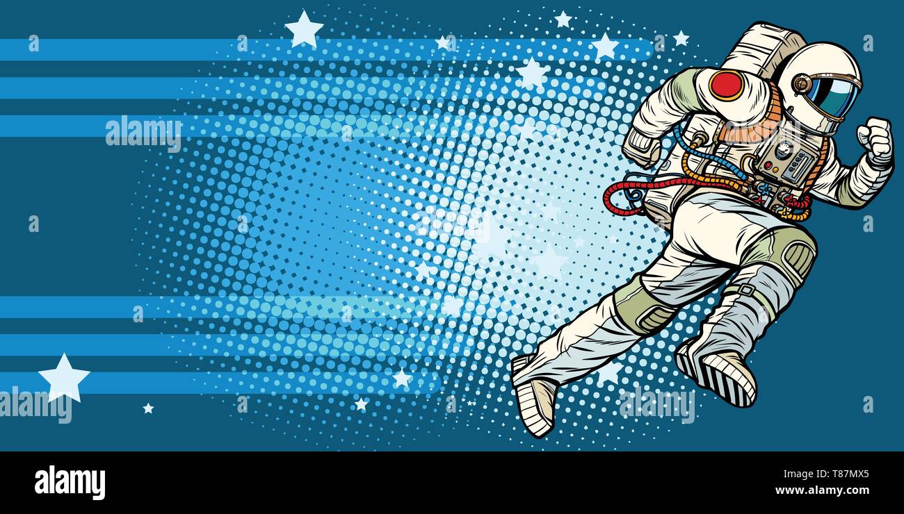Sterne space Astronaut läuft nach vorne. Pop Art retro Vektor illustration Vintage kitsch Stock Vektor