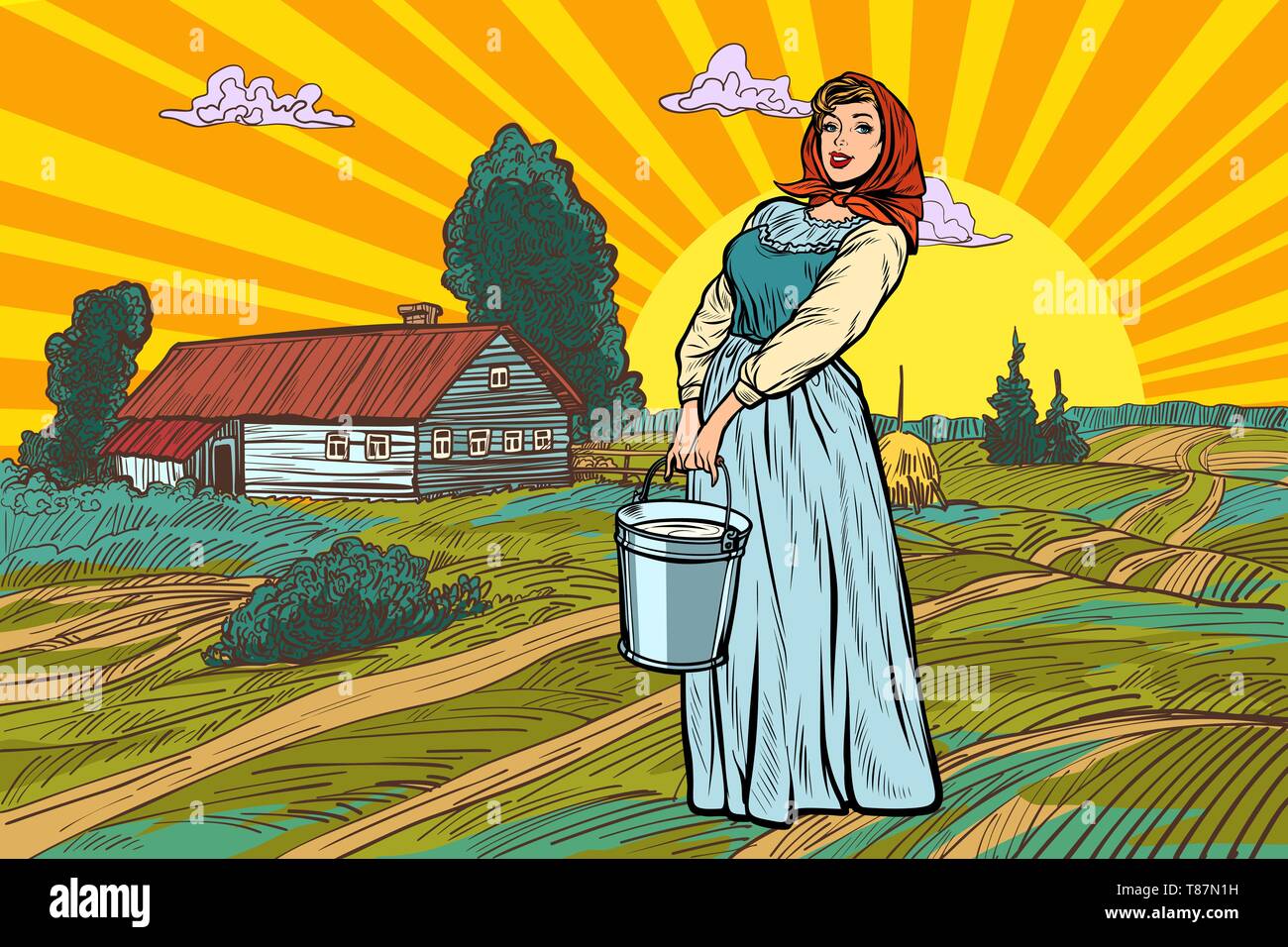 Ländliche Frau mit einem Eimer Wasser oder Milch. Bauernhof Landschaft. Pop Art retro Vektor Illustration kitsch Vintage Stock Vektor